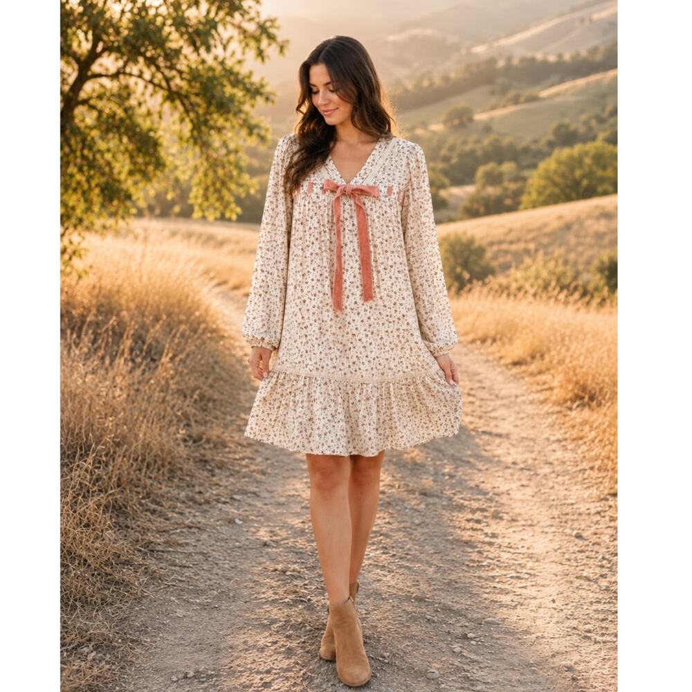 Very J Cream Ditsy Floral Velvet Bow Long Sleeve Mini Dress M NWT Cottagecore